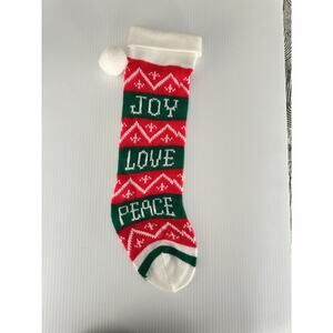 Vintage Christmas Stocking Joy Love Peace Christmas Sweater Knit Pom Poms 19"